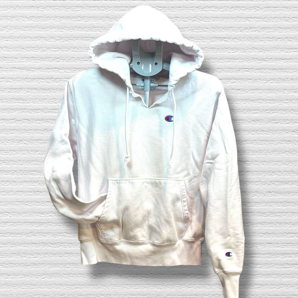 Champion Reverse Weave Hooded Sweatshirt Heavyweight Hoodie Size M white